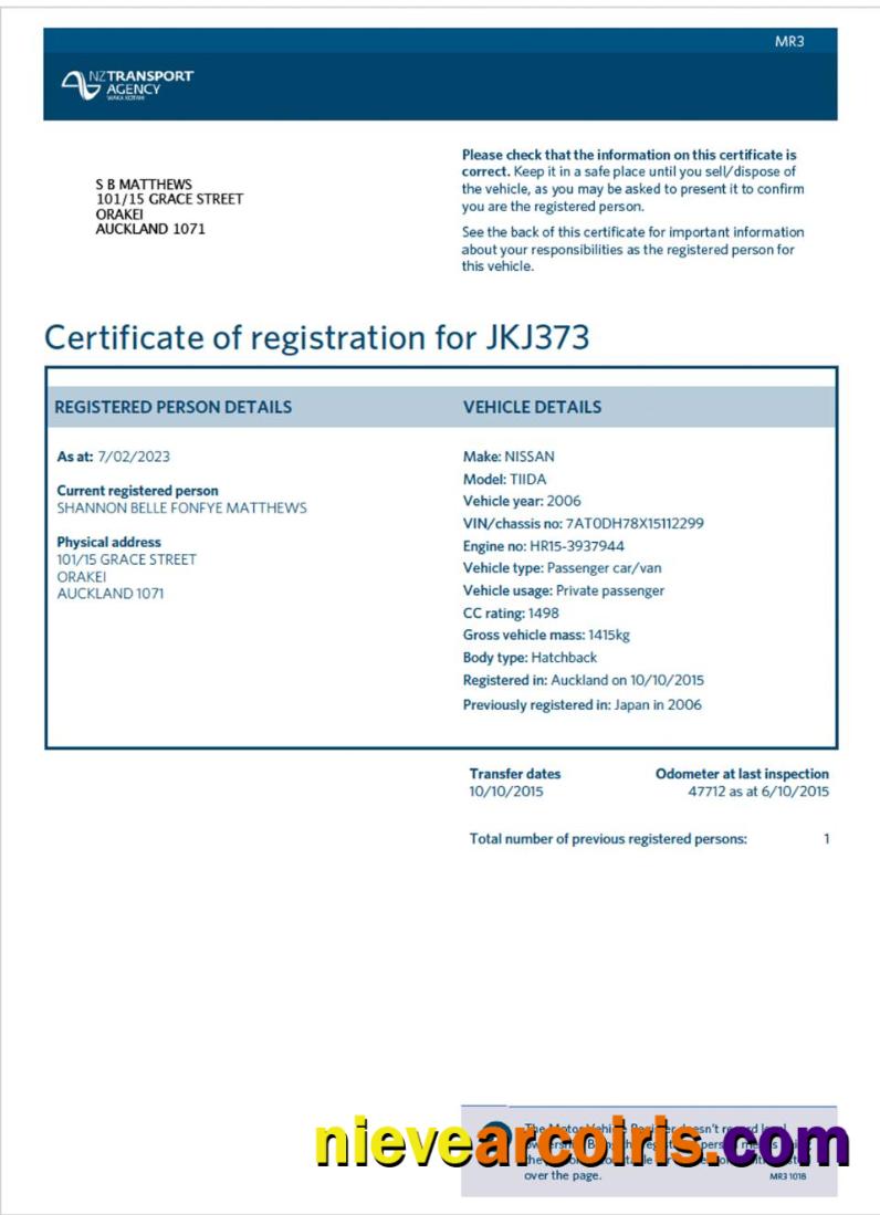 New Zealand vehicle registration certificate